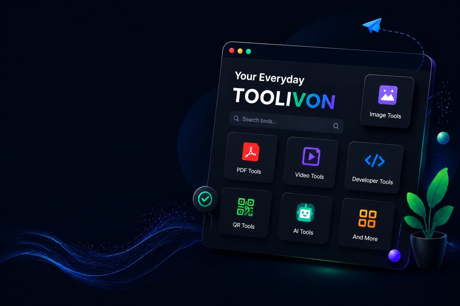 Toolivon dashboard preview — dark mode